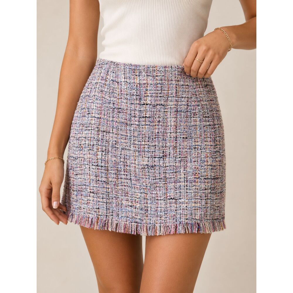 Pink Lily Tweed Fringe Mini Skirt XL Pastel Boucle Preppy Coquette Chic NWOT